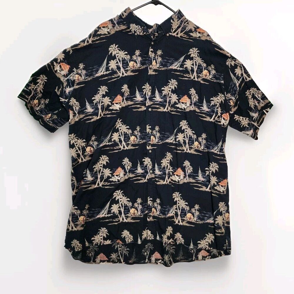KNIGHTS SPORTSWEAR VTG Hawaiian Shirt, Black w/Island Scenes, 4XLT